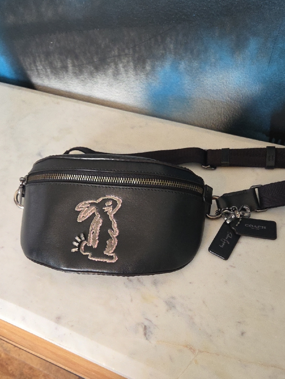Coach Selena Gomez Black Leather Bunny Belt Bag with Silver Stitching